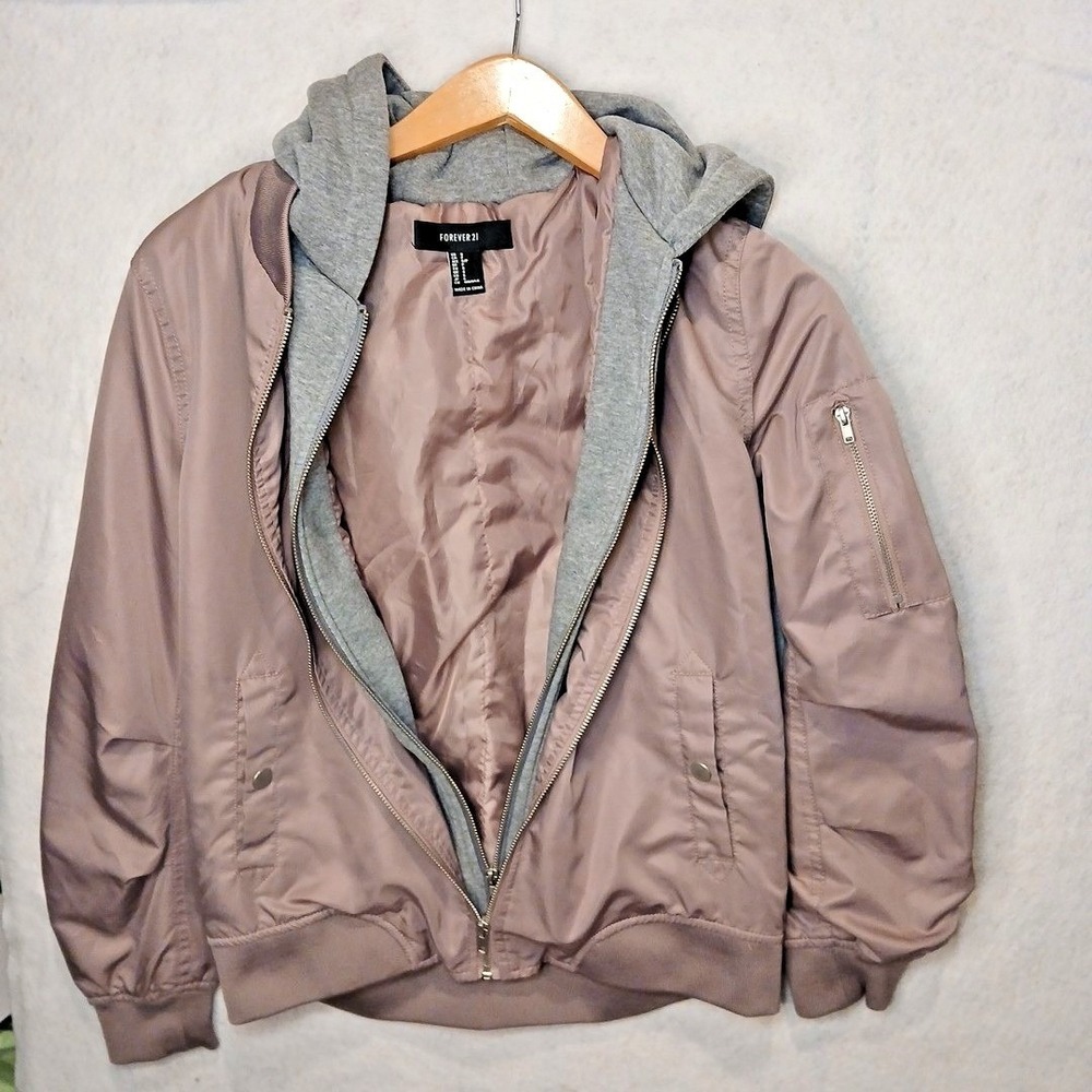 Womens Bomber Jacket Small Pink Mauve Hooded Zip Lightweight Windbreaker Y2K - Picture 4 of 9